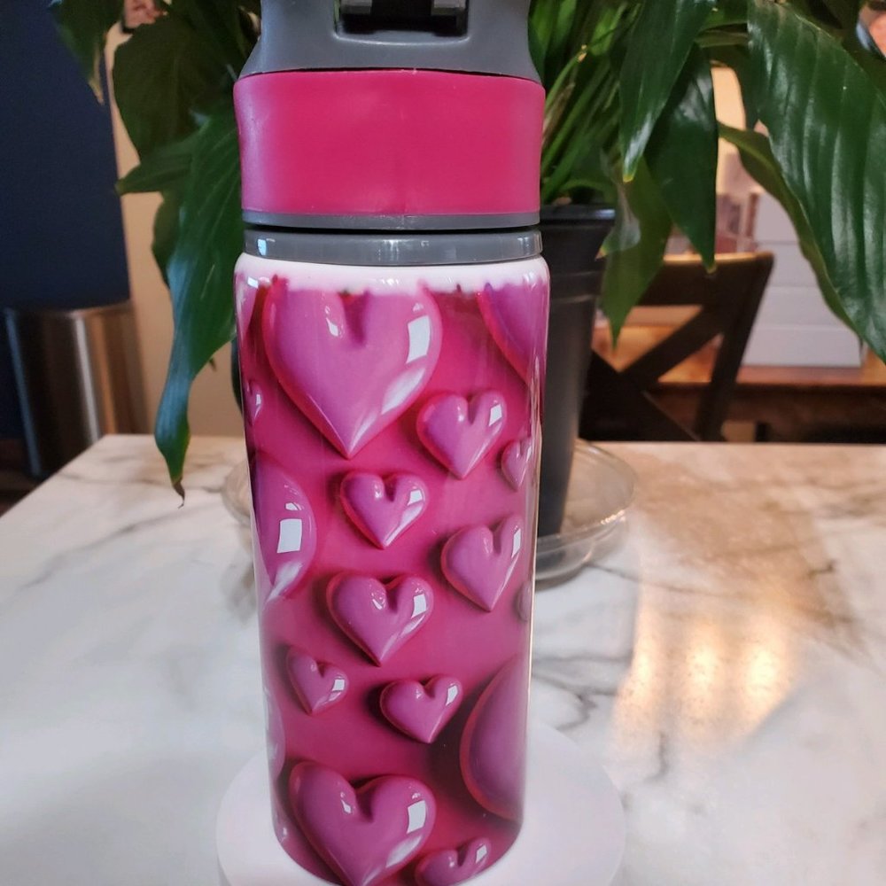 Pink Hearts Puffy 3D Bubble 20 oz Sport Water Bottle 🎉sale